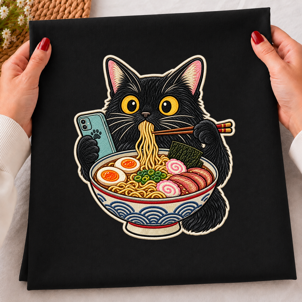 Black Cat Eating Ramen PNG SVG, Japanese Noodle Phone Faux Embroidery Design