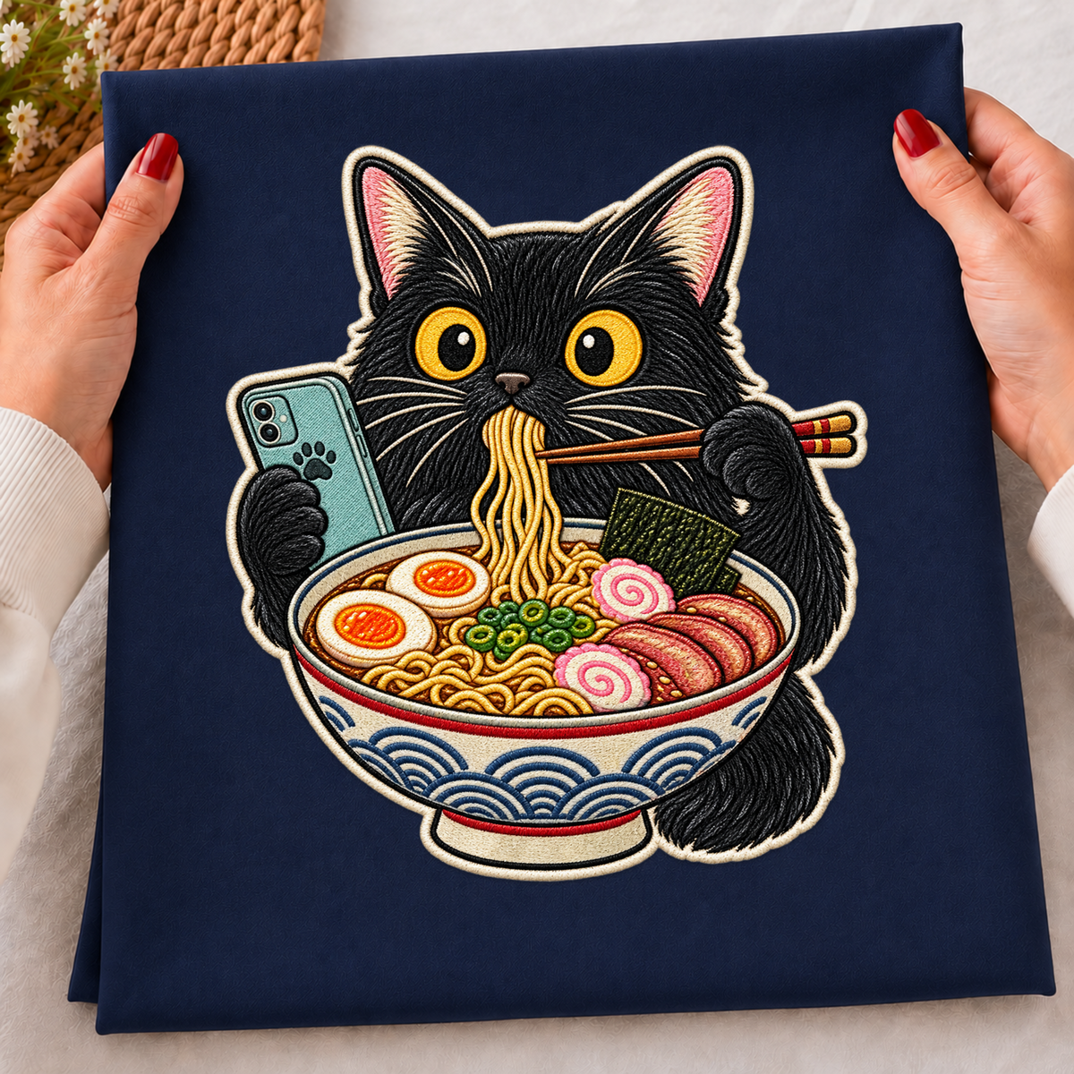 Black Cat Eating Ramen PNG SVG, Japanese Noodle Phone Faux Embroidery Design