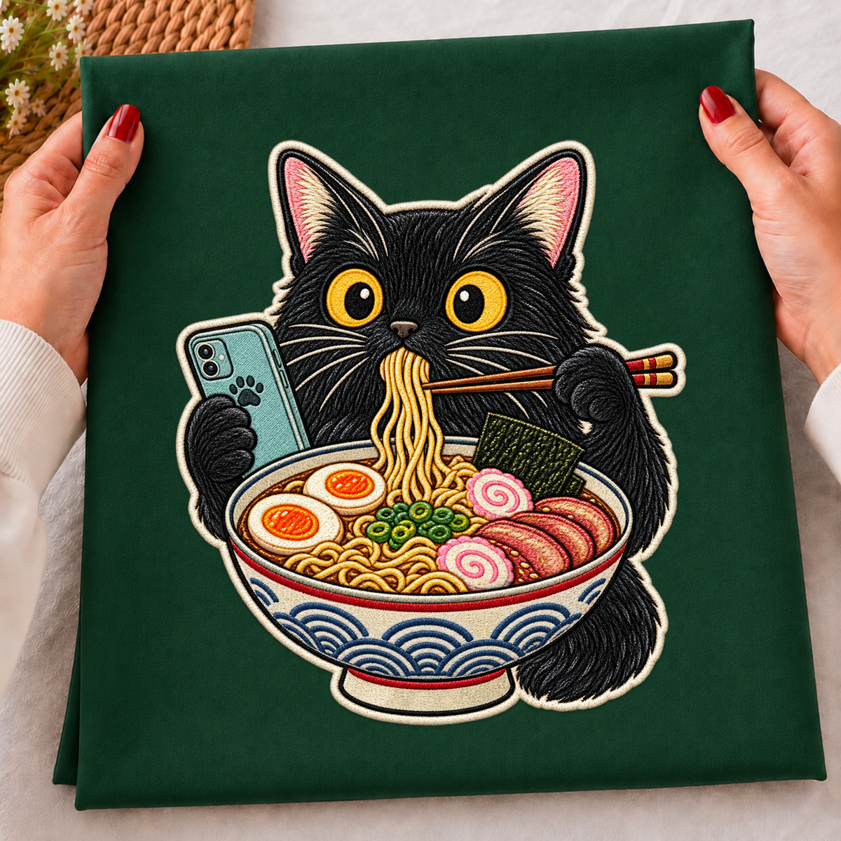 Black Cat Eating Ramen PNG SVG, Japanese Noodle Phone Faux Embroidery Design