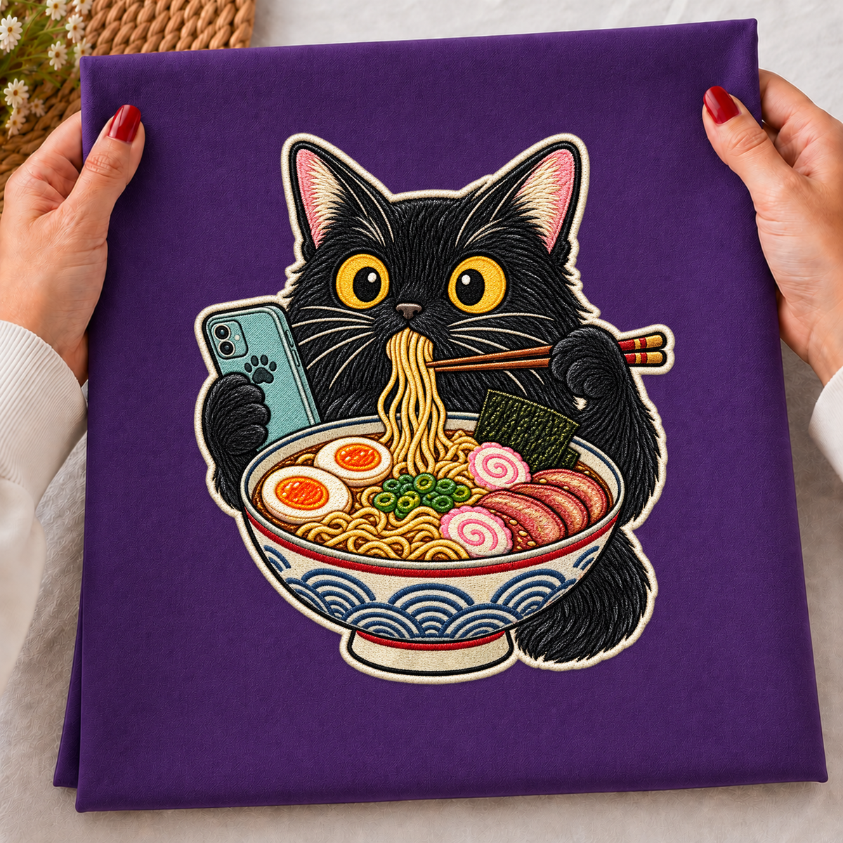Black Cat Eating Ramen PNG SVG, Japanese Noodle Phone Faux Embroidery Design