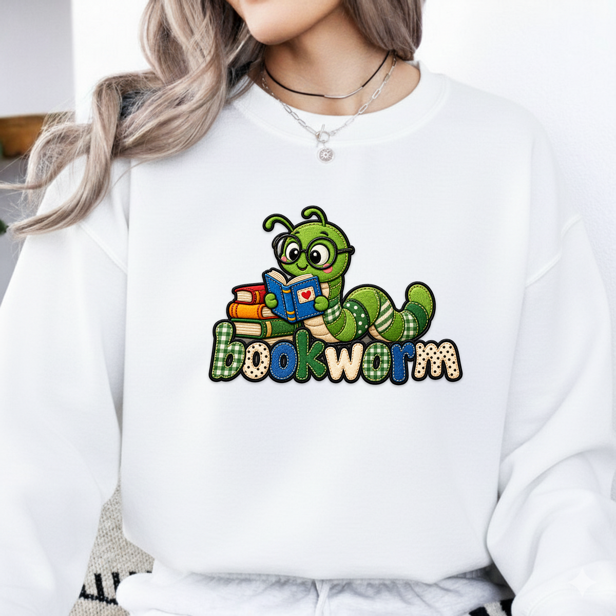 Bookworm PNG SVG, Cute Reading Worm Patchwork Embroidery Design