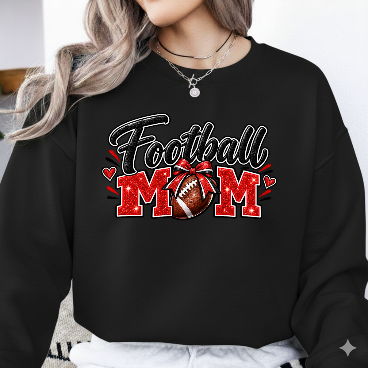Football Mom Red Glitter Game Day PNG SVG, Bow Football Graphic