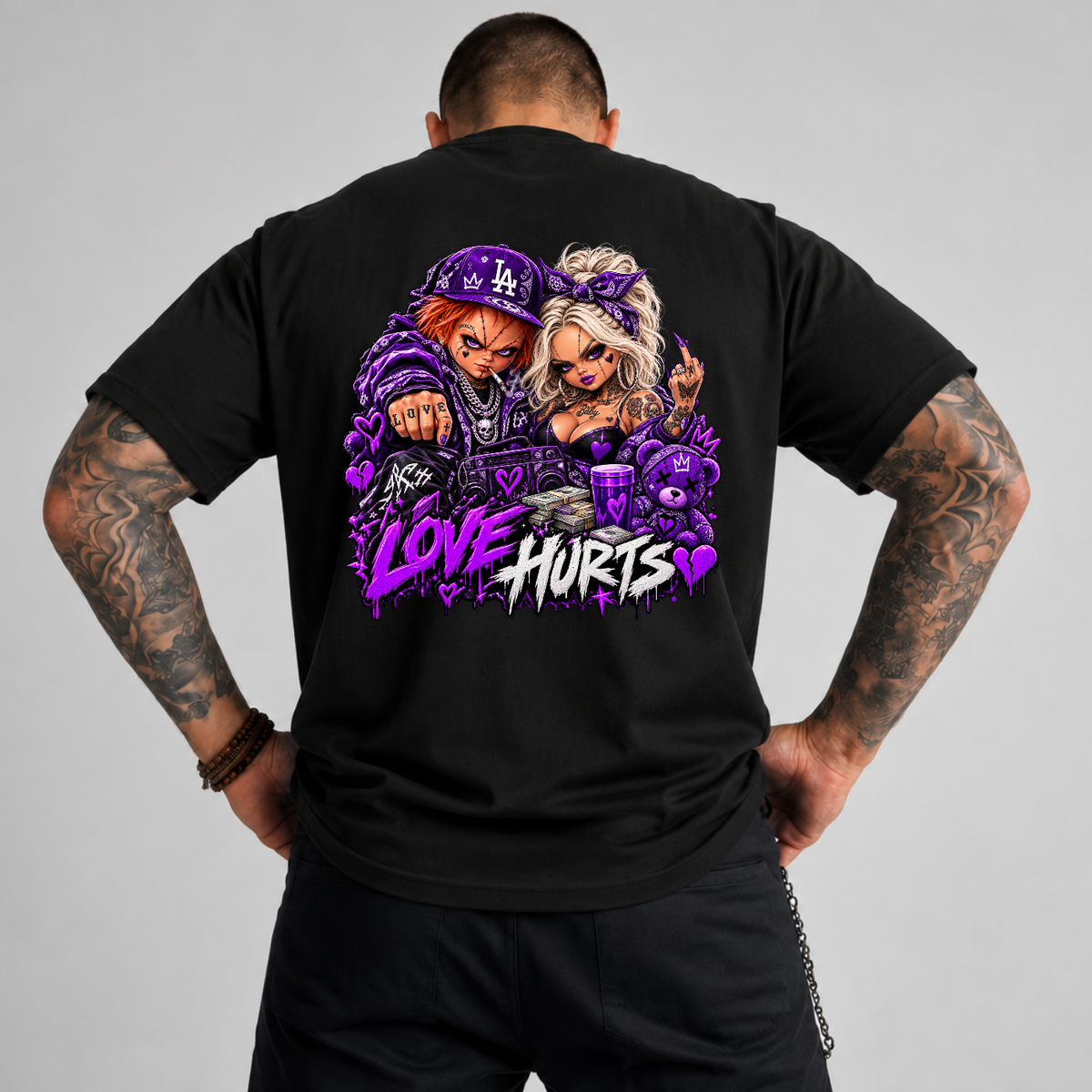 Love Hurts Purple Chucky and Tiffany Halloween PNG SVG, Urban Graphic