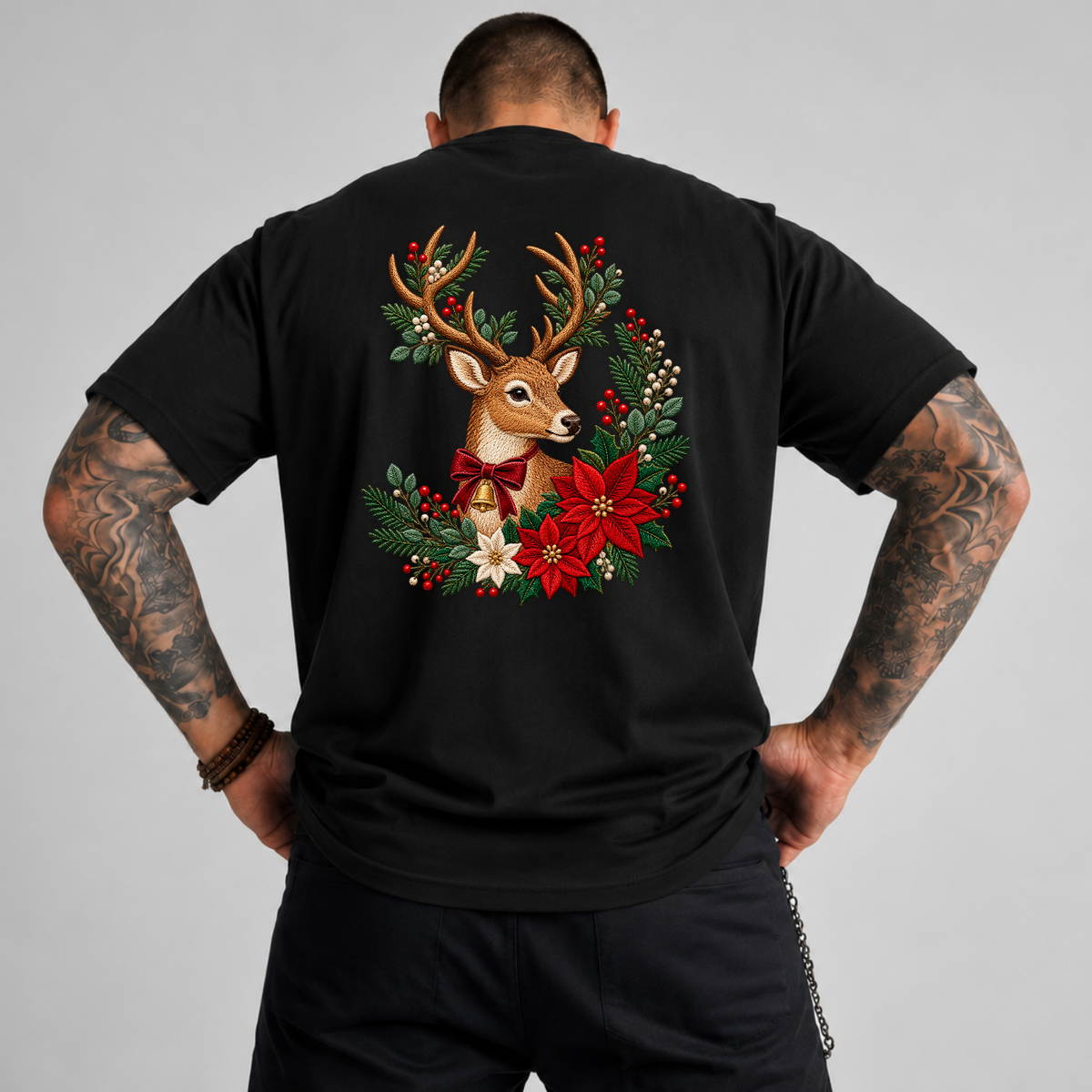 Christmas Reindeer Poinsettia Faux Embroidery PNG SVG, Vintage Reindeer Graphic