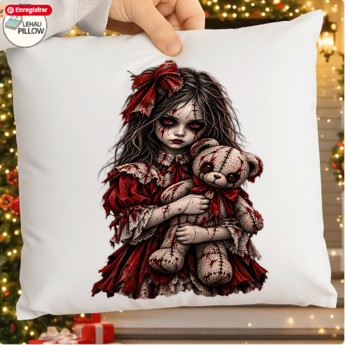 Creepy Doll Girl with Teddy Bear Horror Halloween PNG SVG, Spooky Graphic