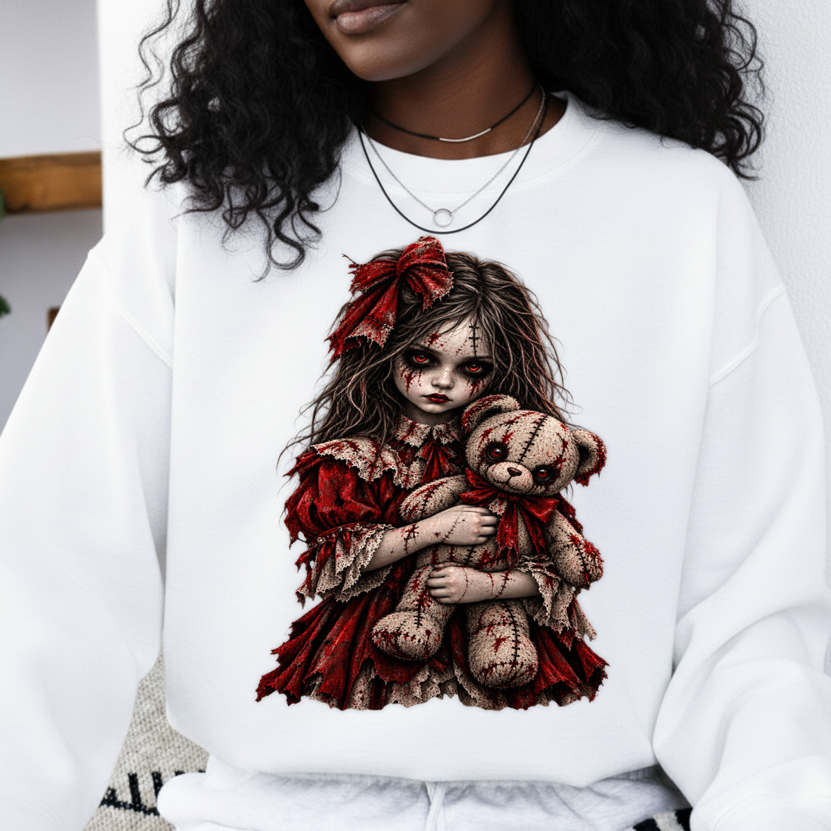 Creepy Doll Girl with Teddy Bear Horror Halloween PNG SVG, Spooky Graphic