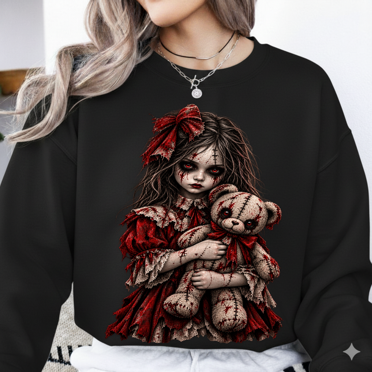 Creepy Doll Girl with Teddy Bear Horror Halloween PNG SVG, Spooky Graphic