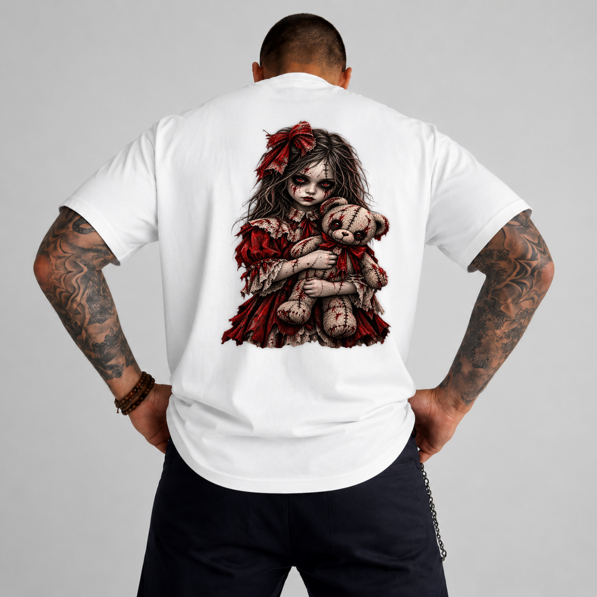 Creepy Doll Girl with Teddy Bear Horror Halloween PNG SVG, Spooky Graphic