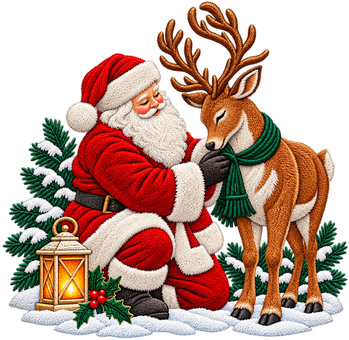 Christmas Santa & Reindeer Woodland Scene Faux Embroidery Bundle PNG SVG, Holiday Graphic