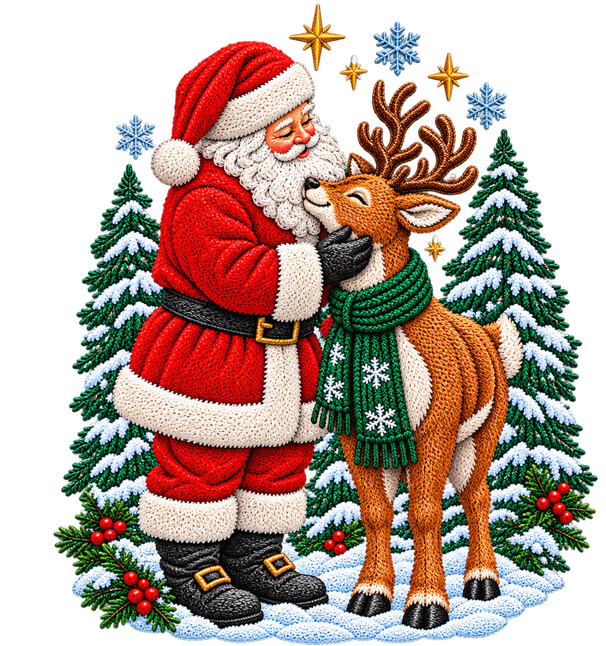 Christmas Santa & Reindeer Woodland Scene Faux Embroidery Bundle PNG SVG, Holiday Graphic