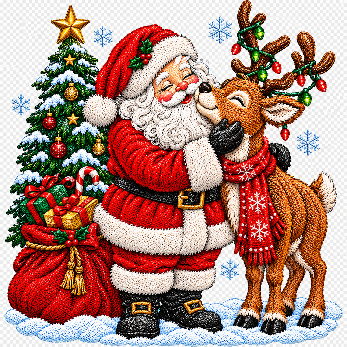 Christmas Santa & Reindeer Woodland Scene Faux Embroidery Bundle PNG SVG, Holiday Graphic