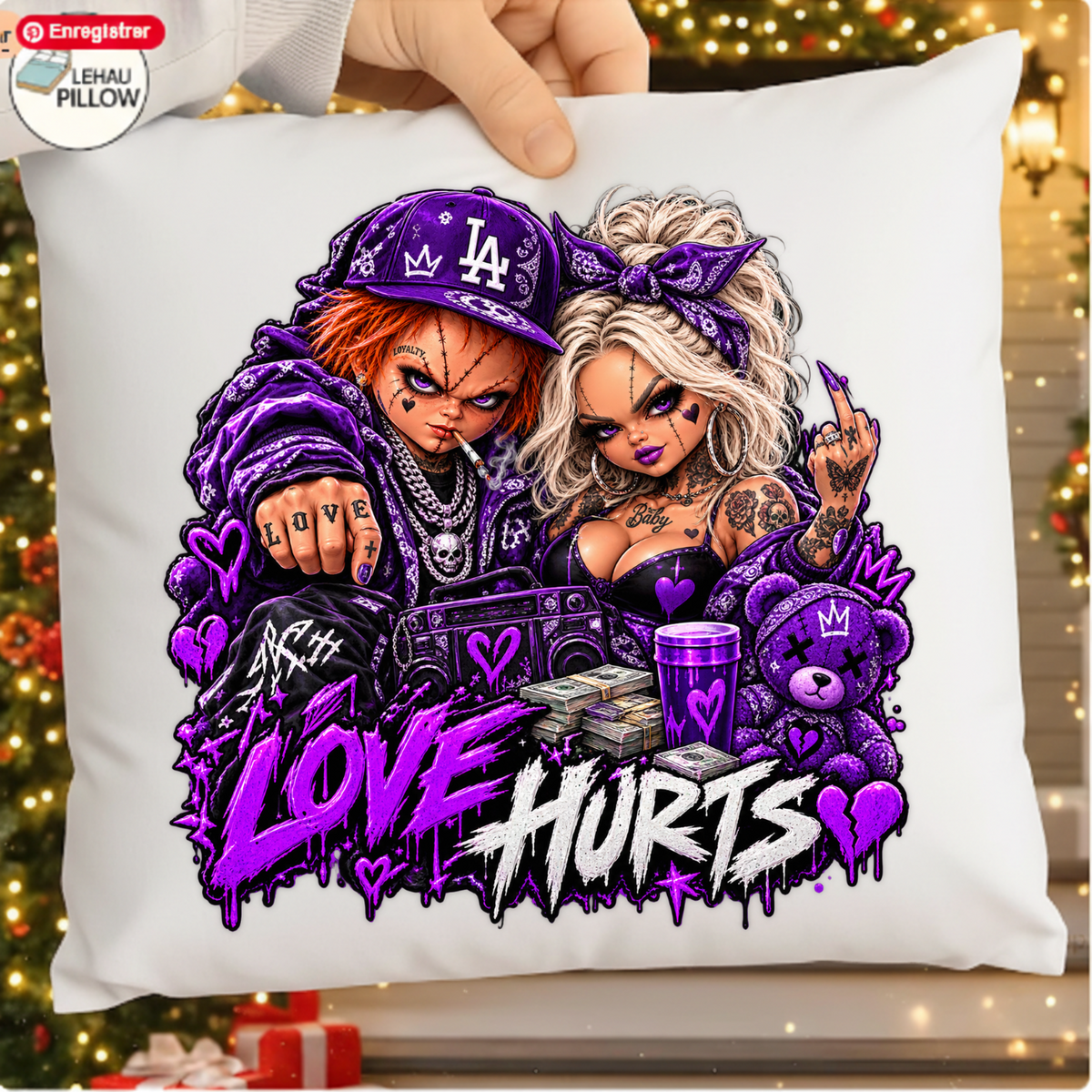 Love Hurts Purple Chucky and Tiffany Halloween PNG SVG, Urban Graphic