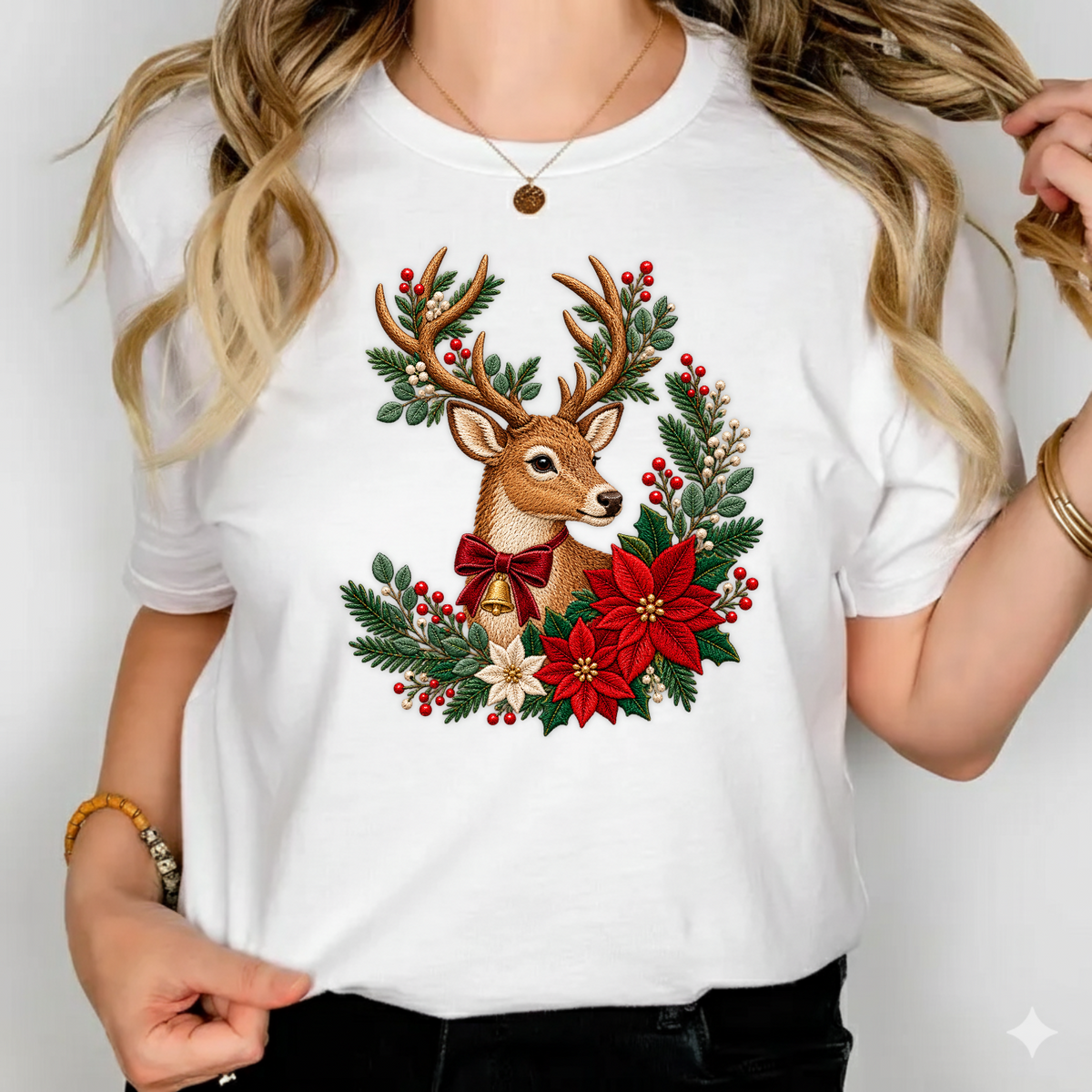 Christmas Reindeer Poinsettia Faux Embroidery PNG SVG, Vintage Reindeer Graphic