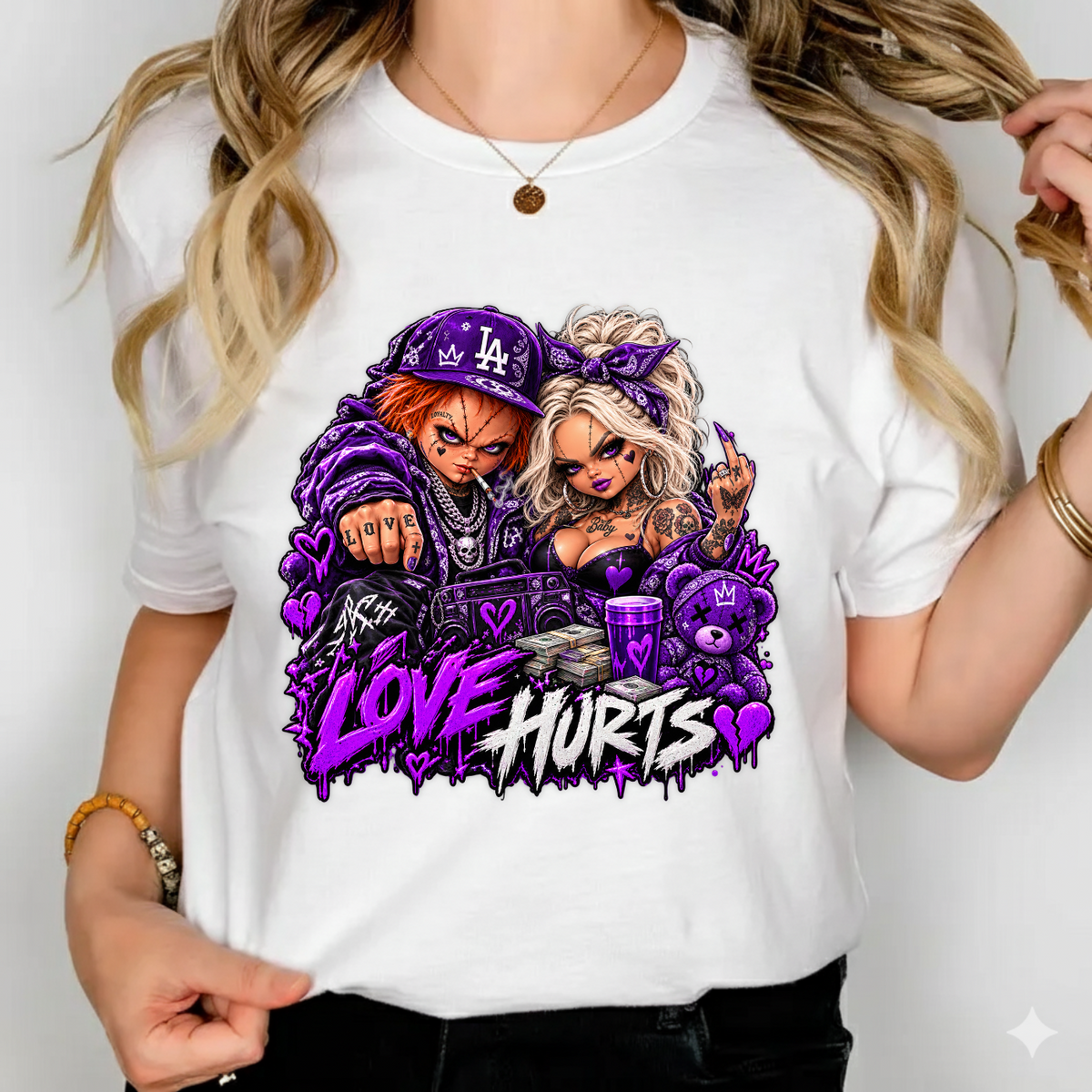 Love Hurts Purple Chucky and Tiffany Halloween PNG SVG, Urban Graphic