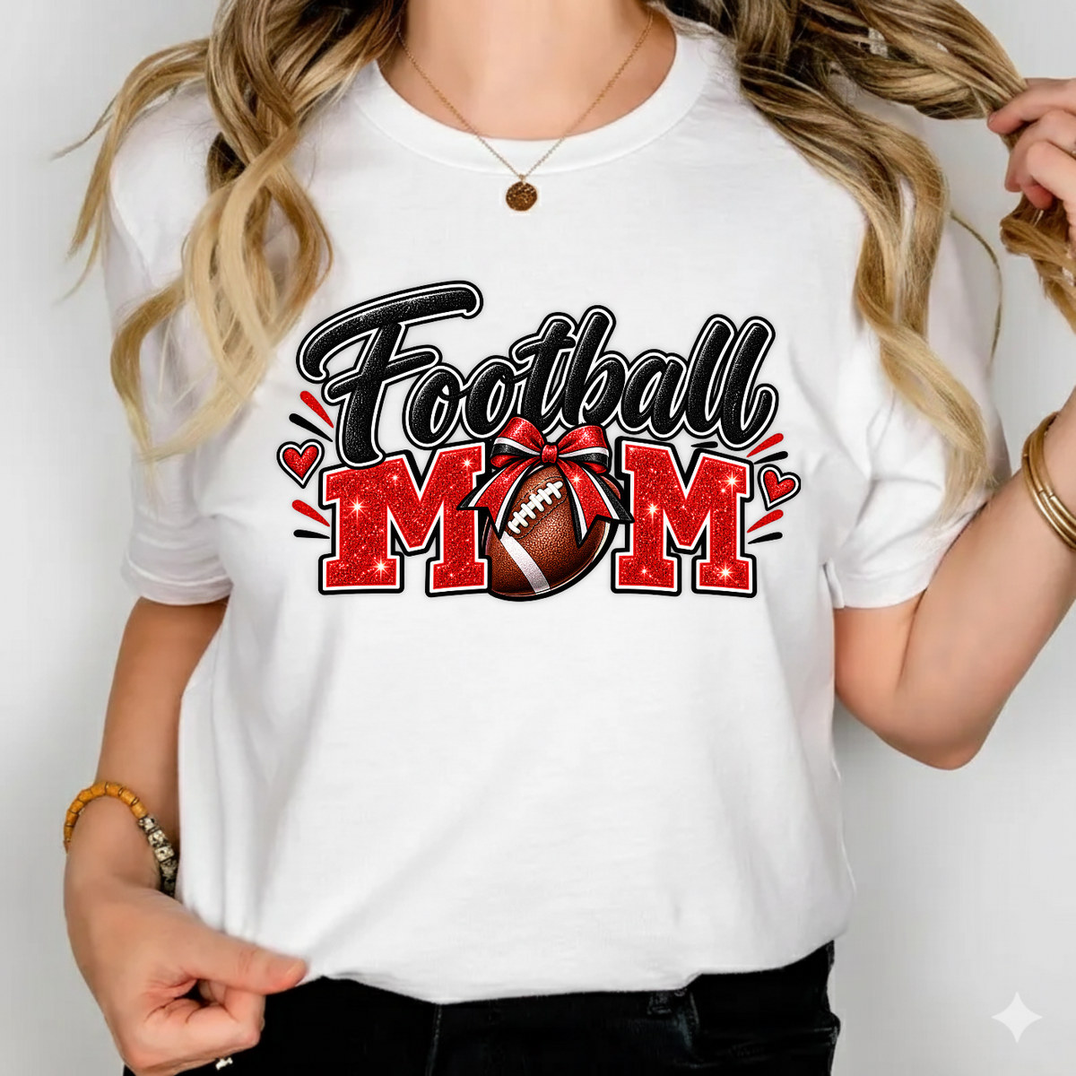 Football Mom Red Glitter Game Day PNG SVG, Bow Football Graphic