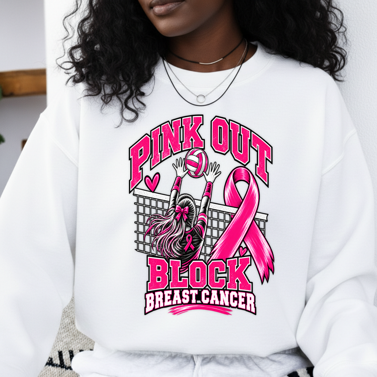Pink Out Block Breast Cancer Volleyball Player PNG SVG, Sports Graphic