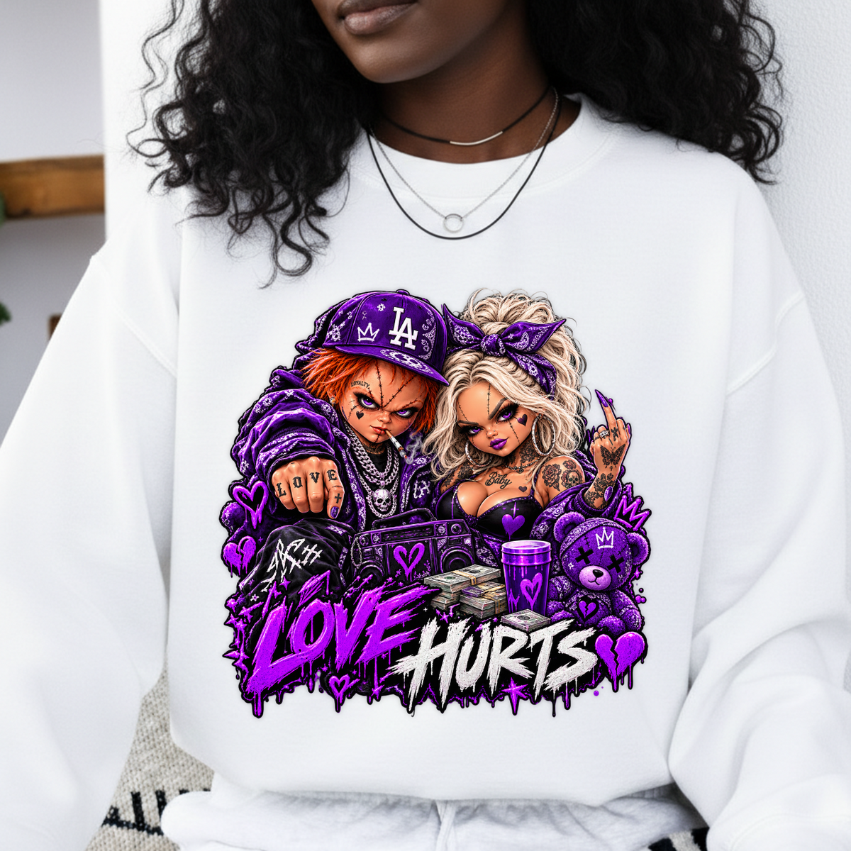 Love Hurts Purple Chucky and Tiffany Halloween PNG SVG, Urban Graphic