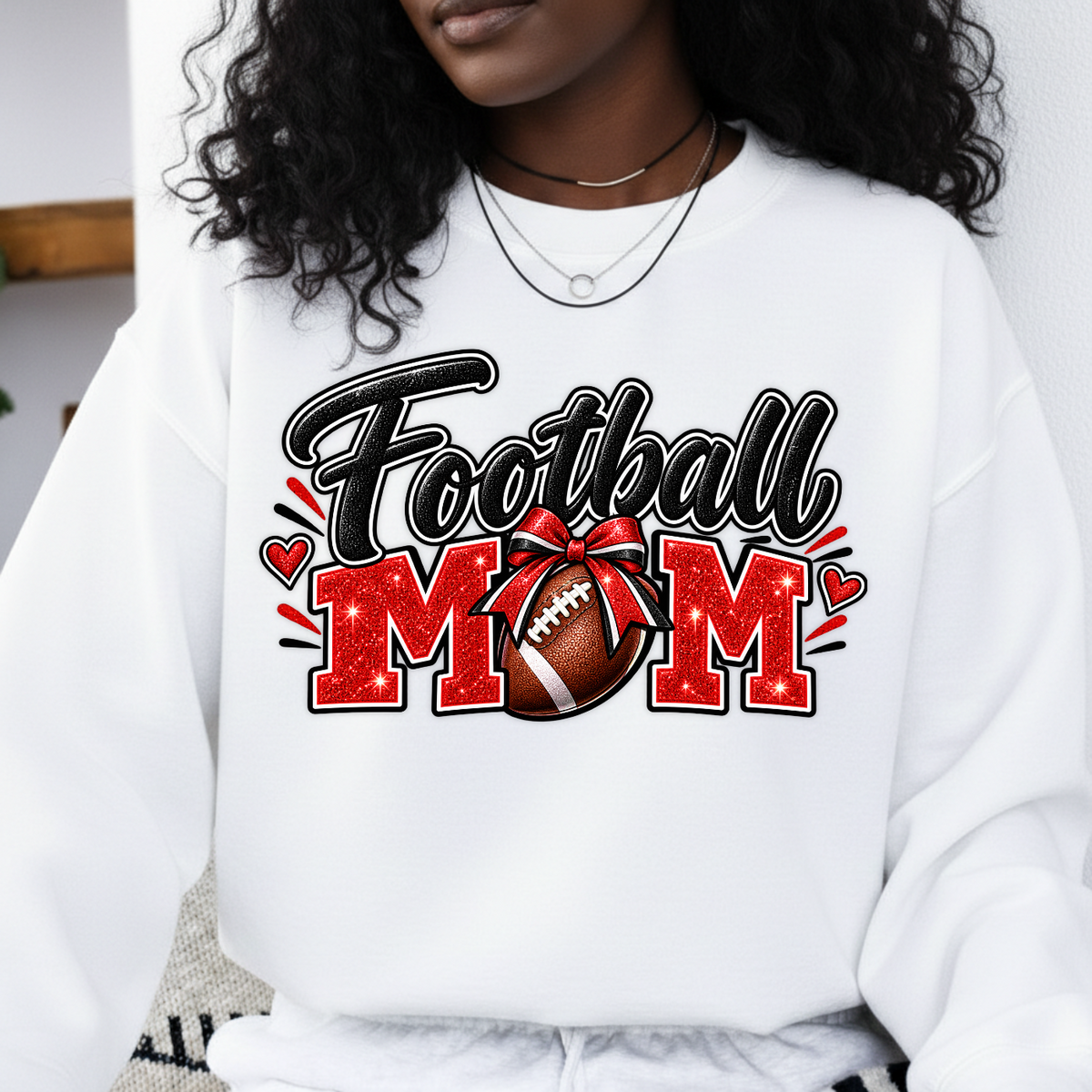 Football Mom Red Glitter Game Day PNG SVG, Bow Football Graphic