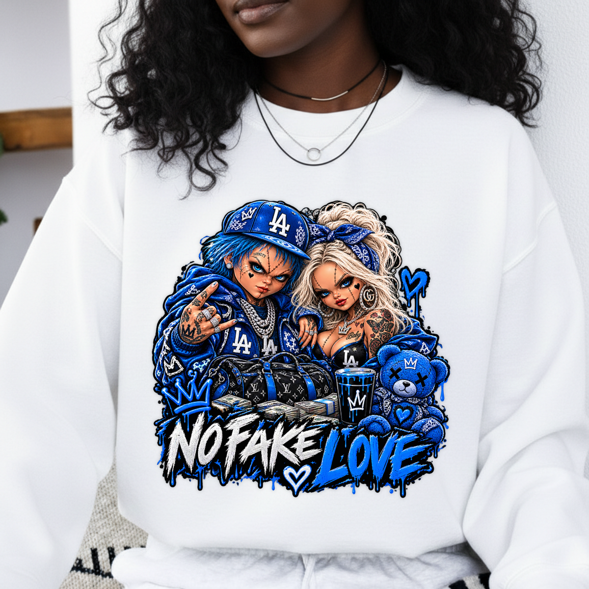 No Fake Love Royal Blue Chucky and Tiffany Halloween PNG SVG, Urban Graphic