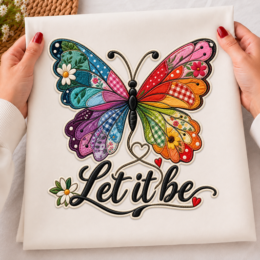 Let It Be Butterfly PNG SVG Bundle, Vintage Patchwork Floral Embroidery Design