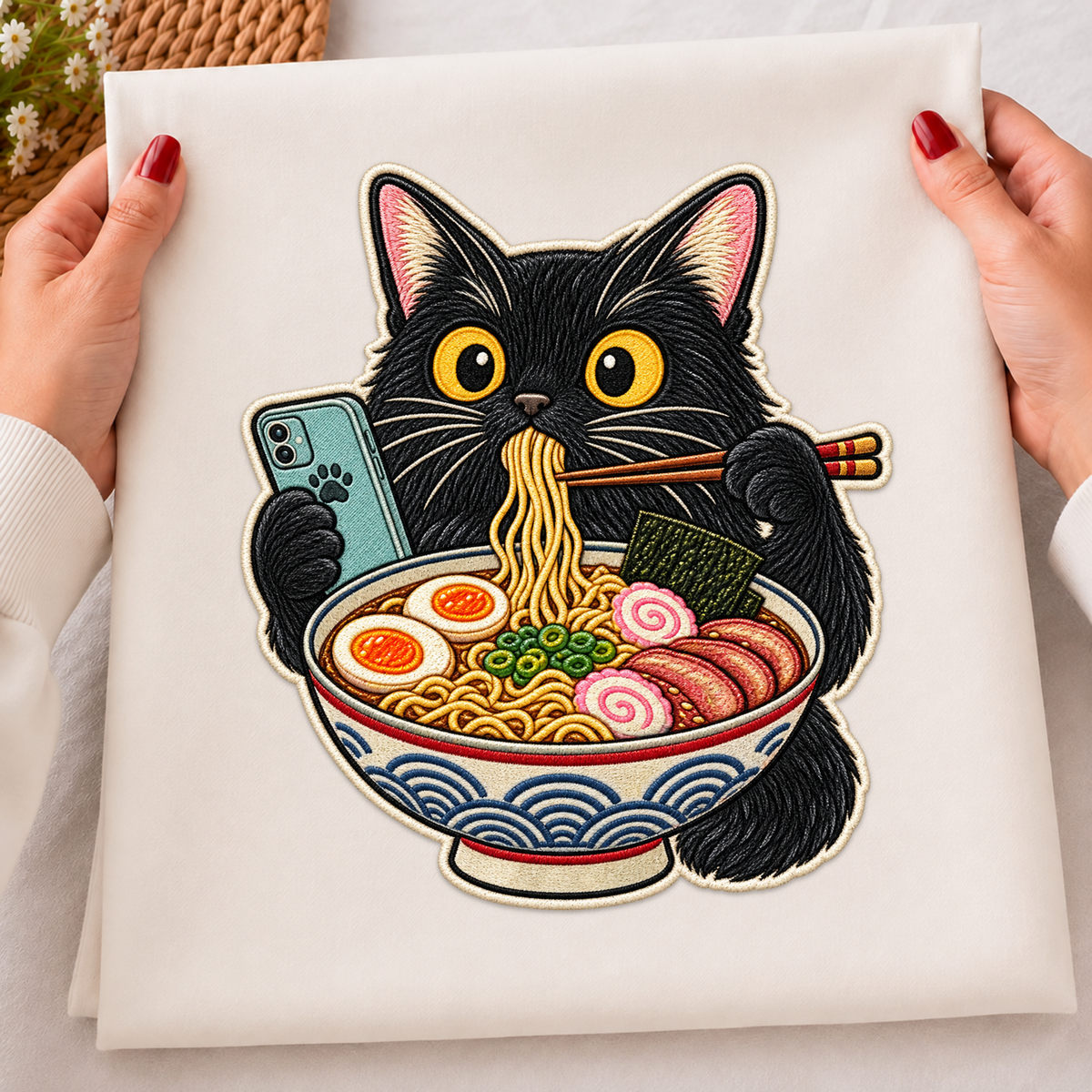 Black Cat Eating Ramen PNG SVG, Japanese Noodle Phone Faux Embroidery Design