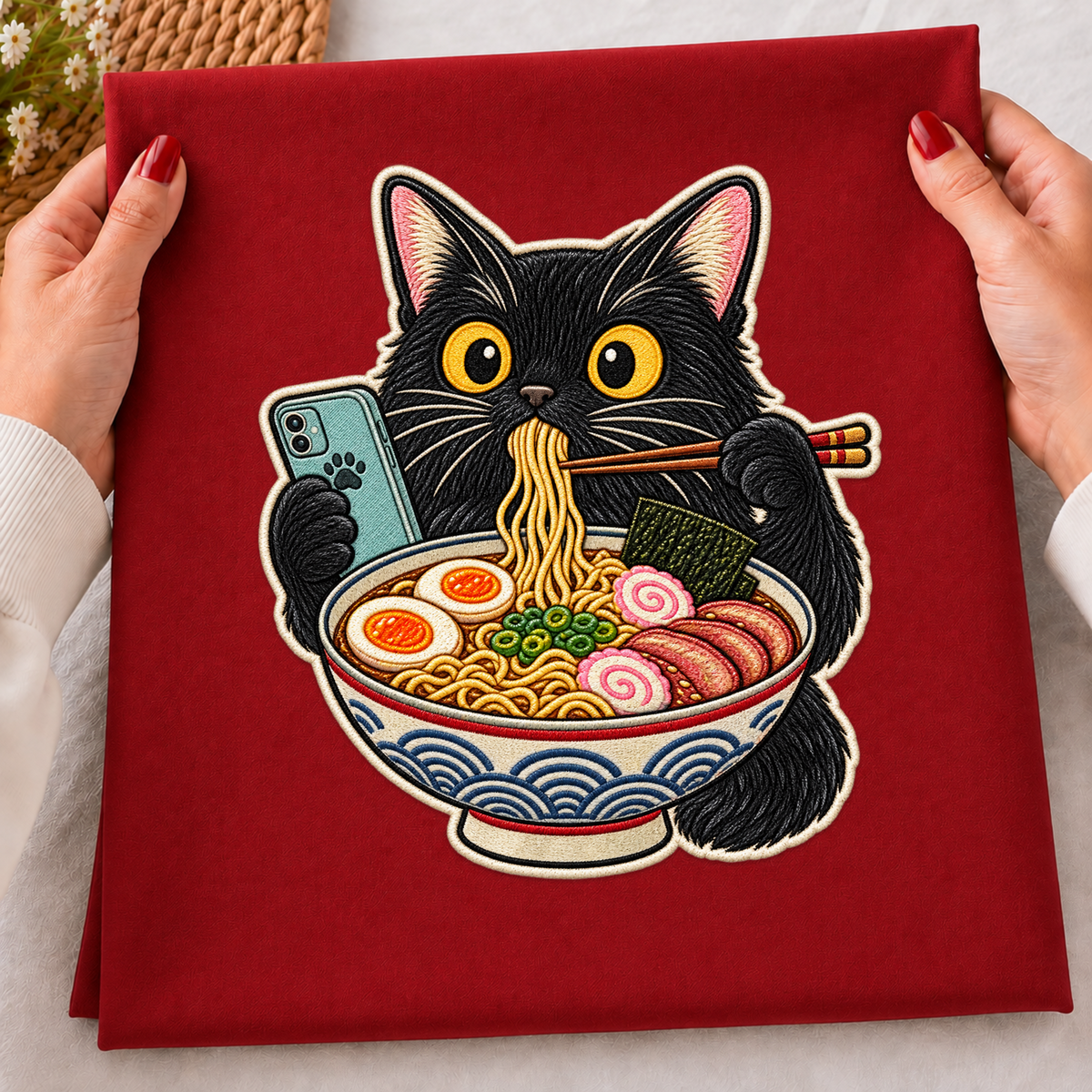 Black Cat Eating Ramen PNG SVG, Japanese Noodle Phone Faux Embroidery Design