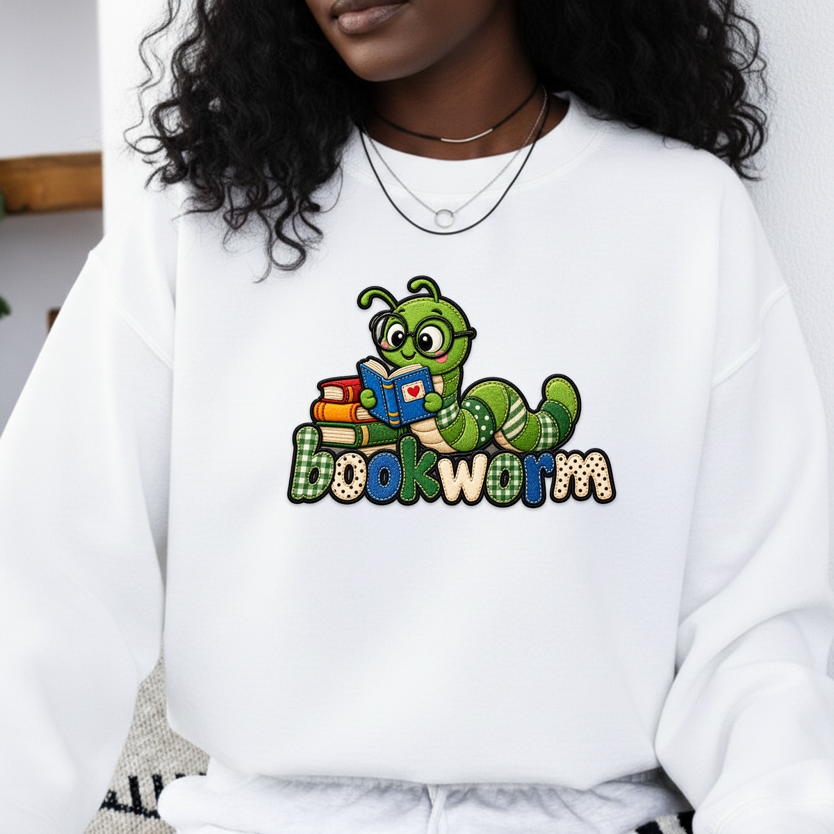 Bookworm PNG SVG, Cute Reading Worm Patchwork Embroidery Design