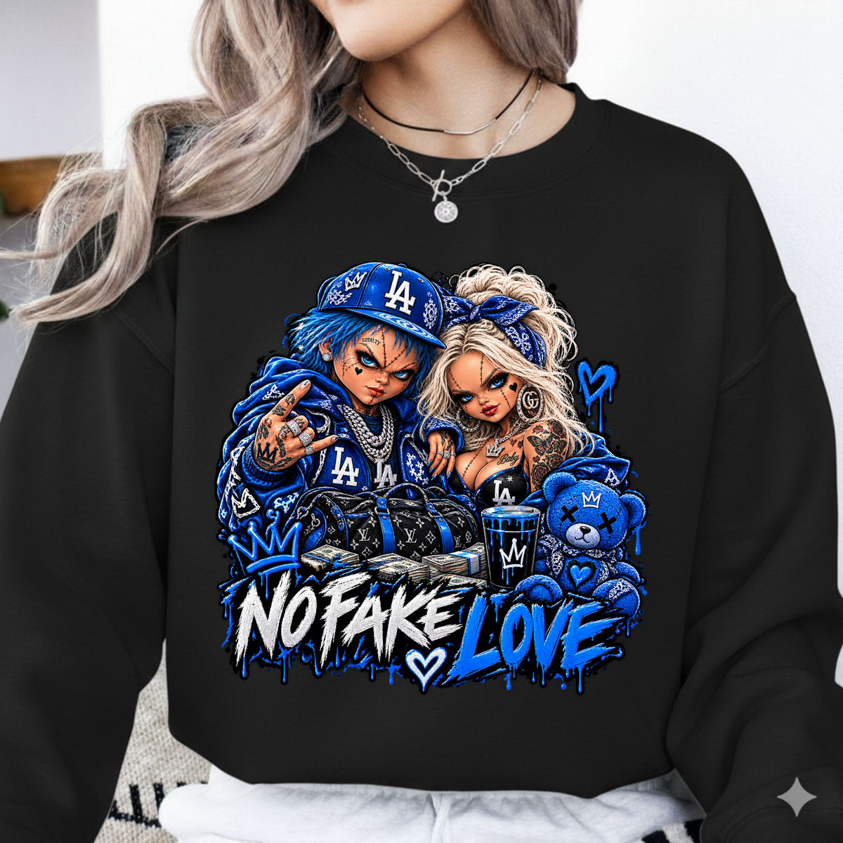 No Fake Love Royal Blue Chucky and Tiffany Halloween PNG SVG, Urban Graphic