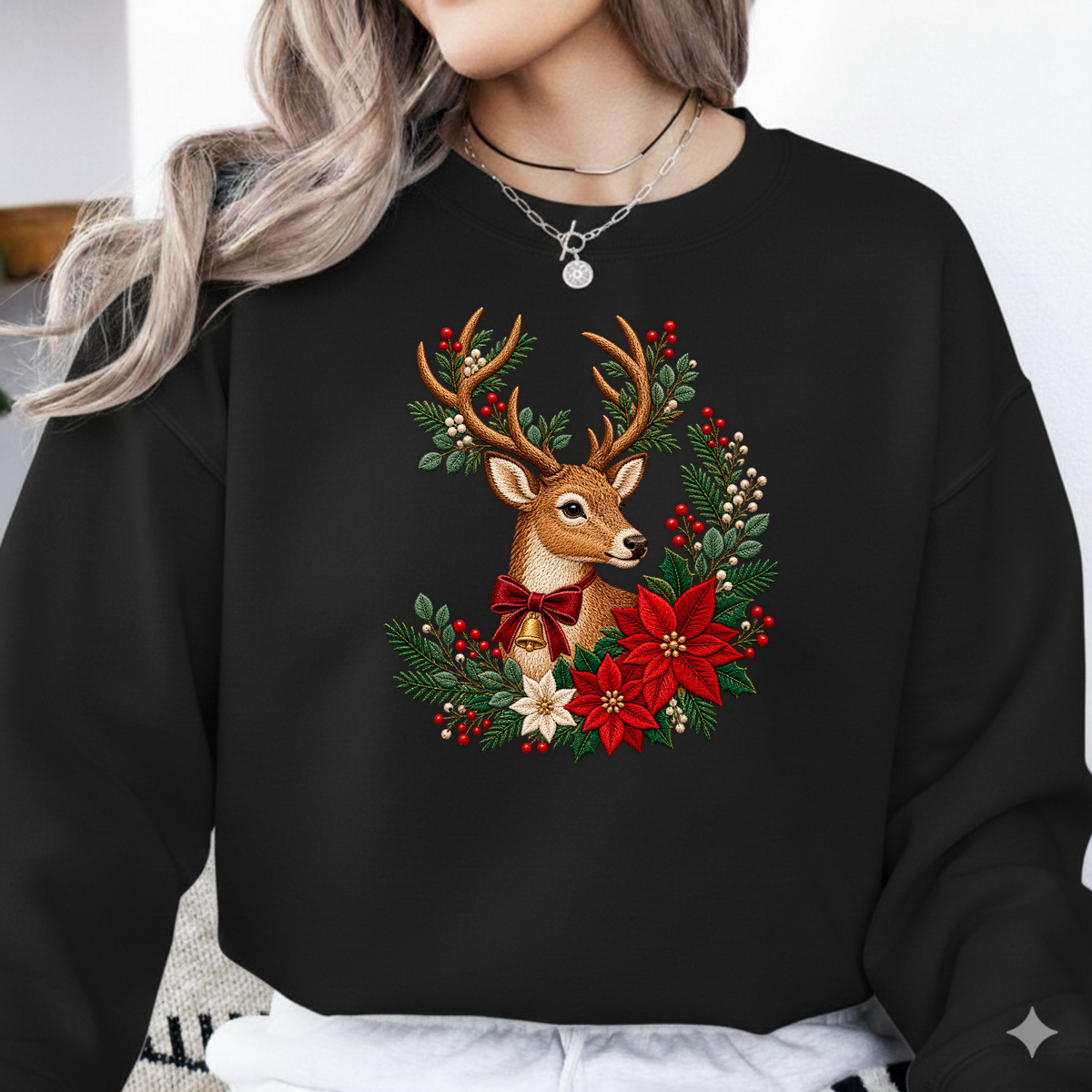 Christmas Reindeer Poinsettia Faux Embroidery PNG SVG, Vintage Reindeer Graphic