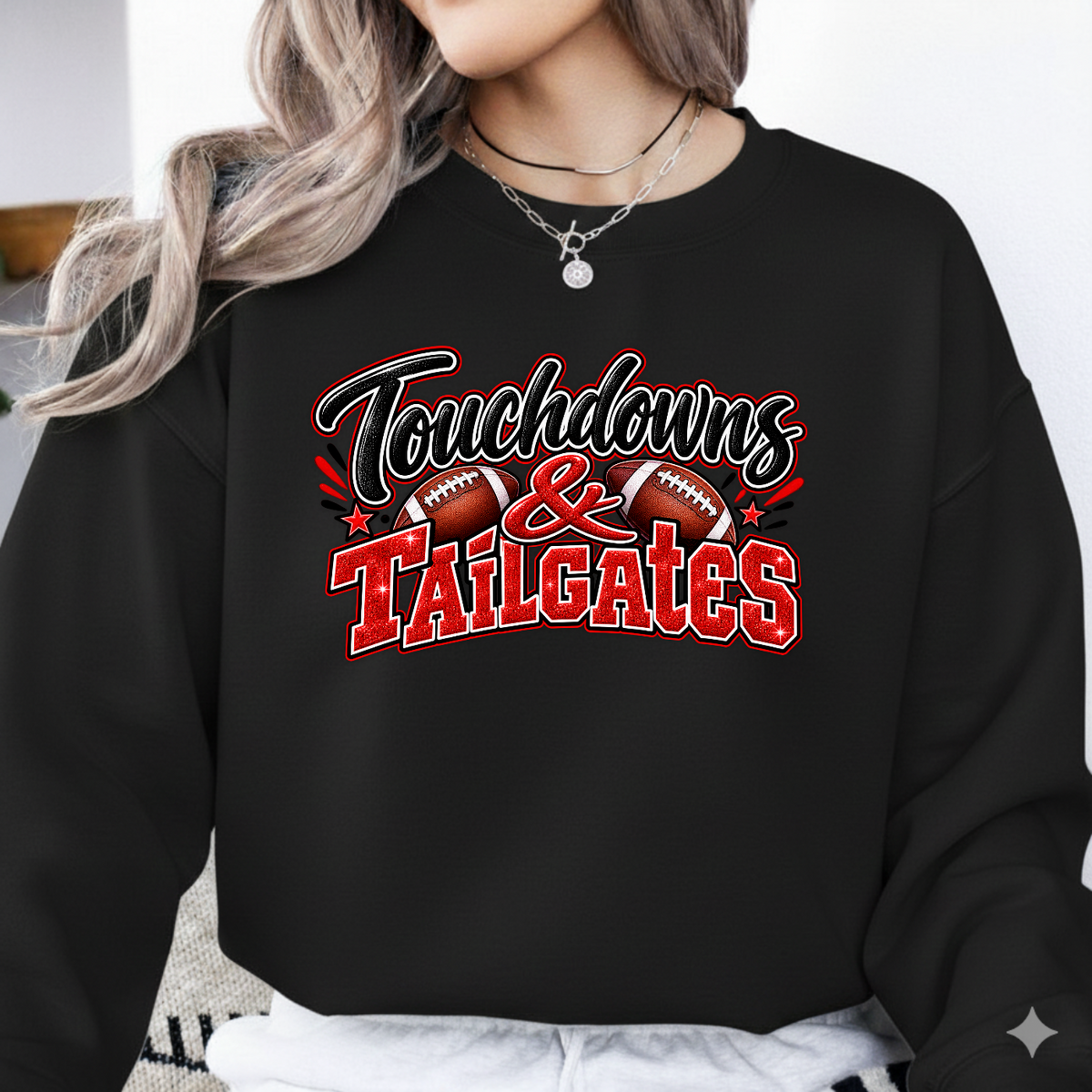 Touchdowns And Tailgates Red Glitter Football PNG SVG, Game Day Graphic