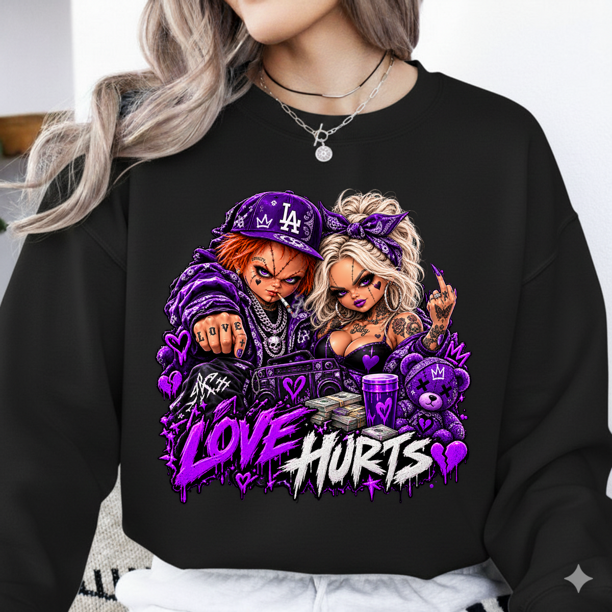 Love Hurts Purple Chucky and Tiffany Halloween PNG SVG, Urban Graphic
