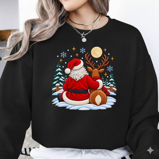 Santa and Reindeer Looking at Moon Faux Embroidery PNG SVG, Christmas Graphic