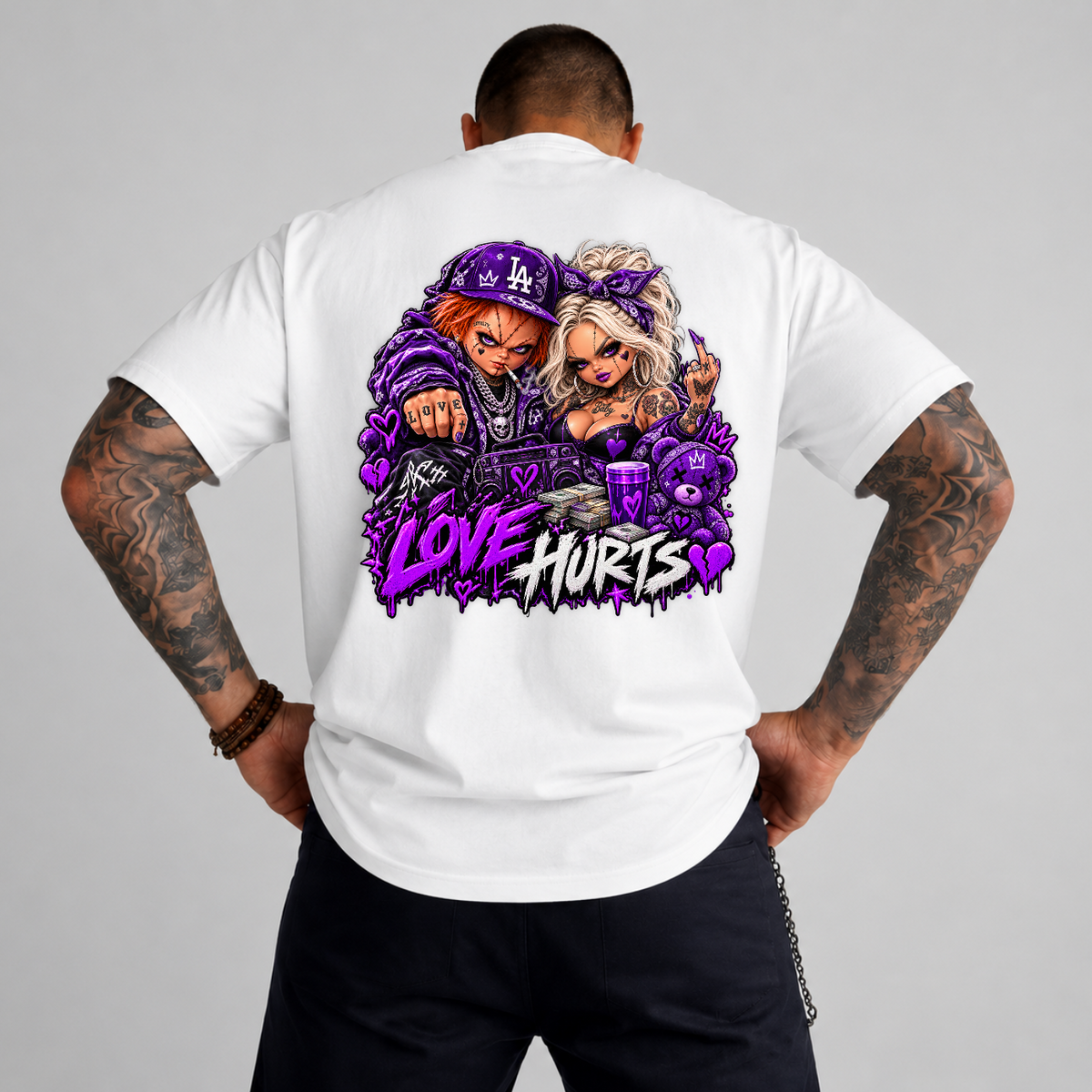 Love Hurts Purple Chucky and Tiffany Halloween PNG SVG, Urban Graphic