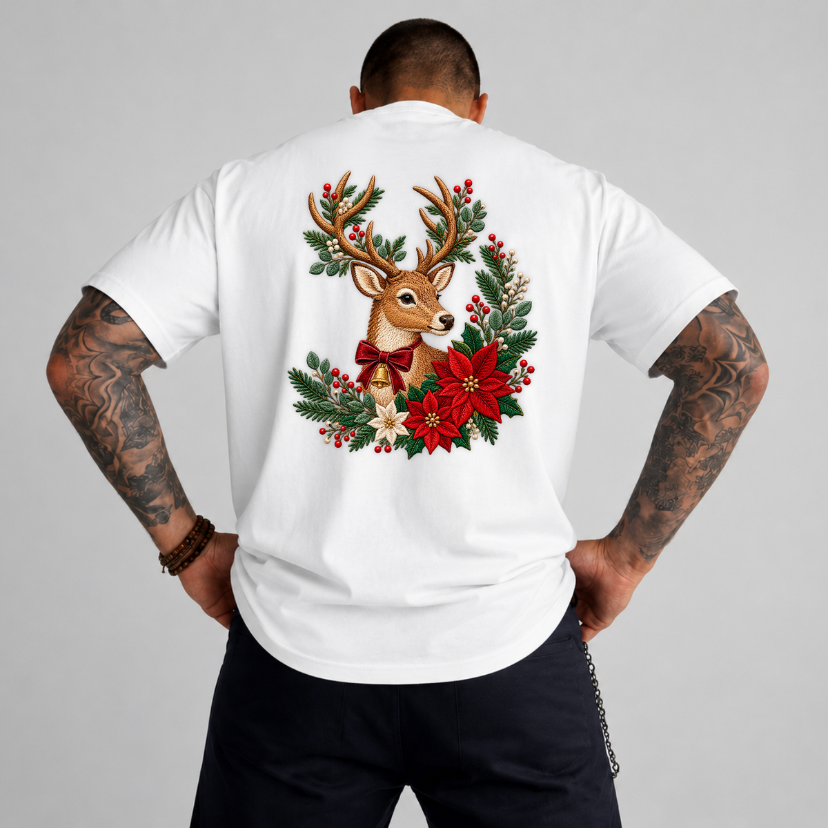 Christmas Reindeer Poinsettia Faux Embroidery PNG SVG, Vintage Reindeer Graphic