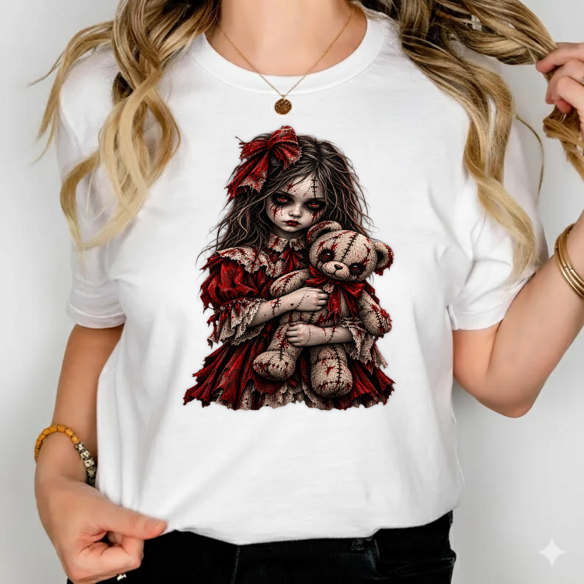 Creepy Doll Girl with Teddy Bear Horror Halloween PNG SVG, Spooky Graphic
