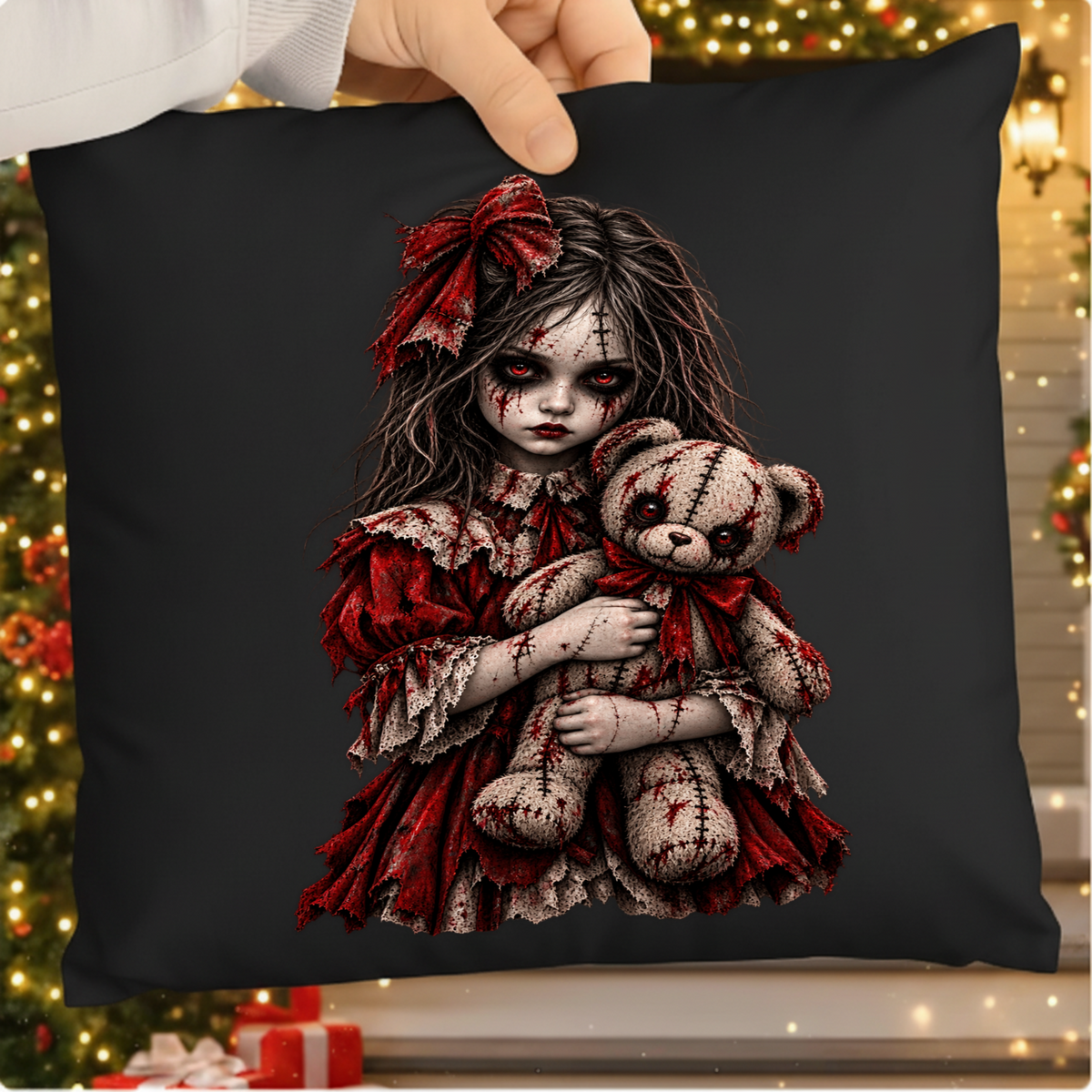 Creepy Doll Girl with Teddy Bear Horror Halloween PNG SVG, Spooky Graphic