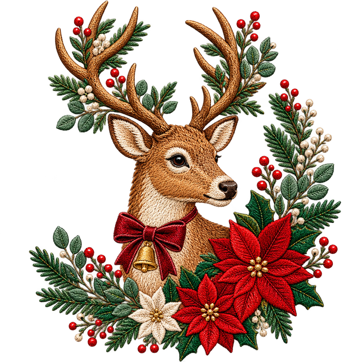 Christmas Santa & Reindeer Woodland Scene Faux Embroidery Bundle PNG SVG, Holiday Graphic