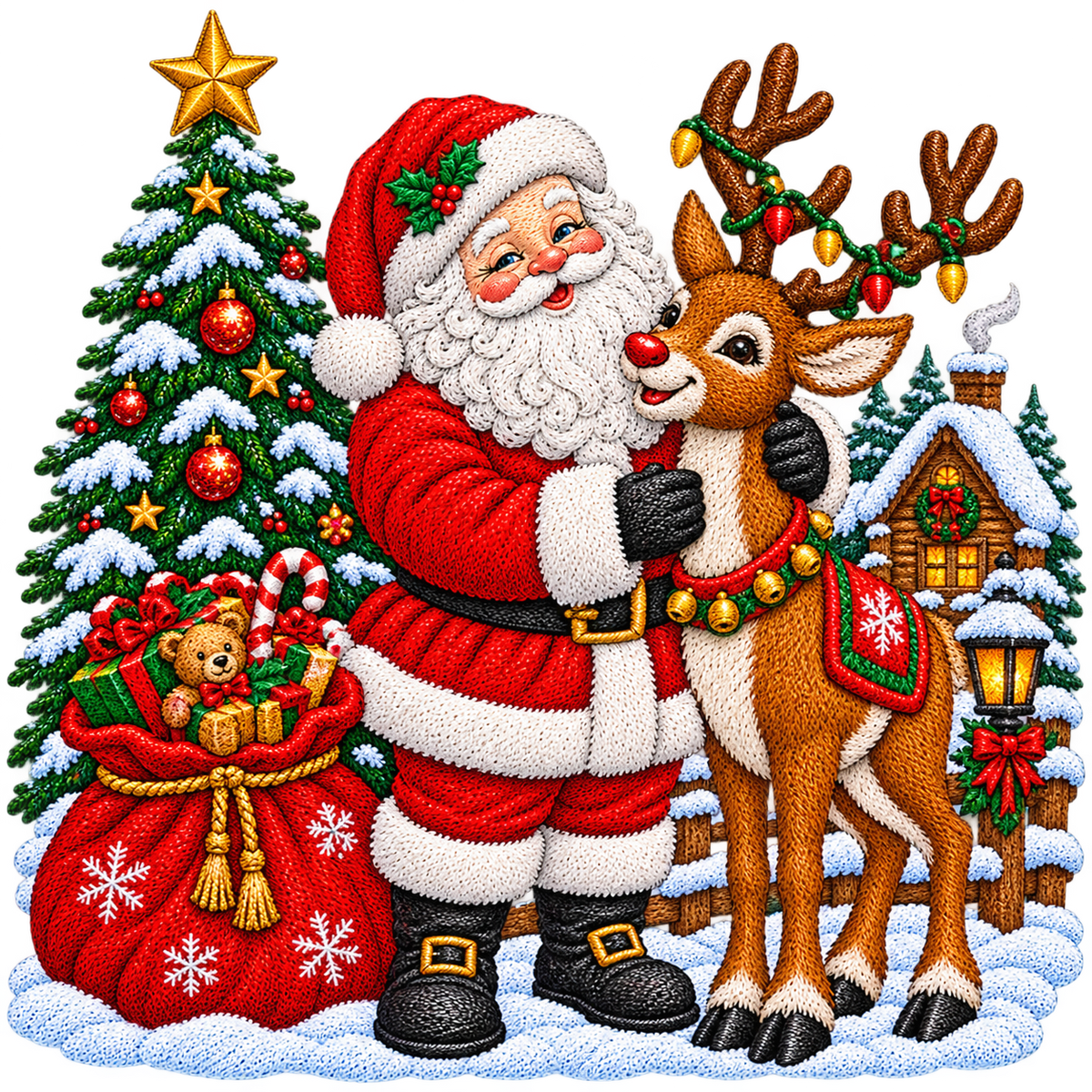 Christmas Santa & Reindeer Woodland Scene Faux Embroidery Bundle PNG SVG, Holiday Graphic