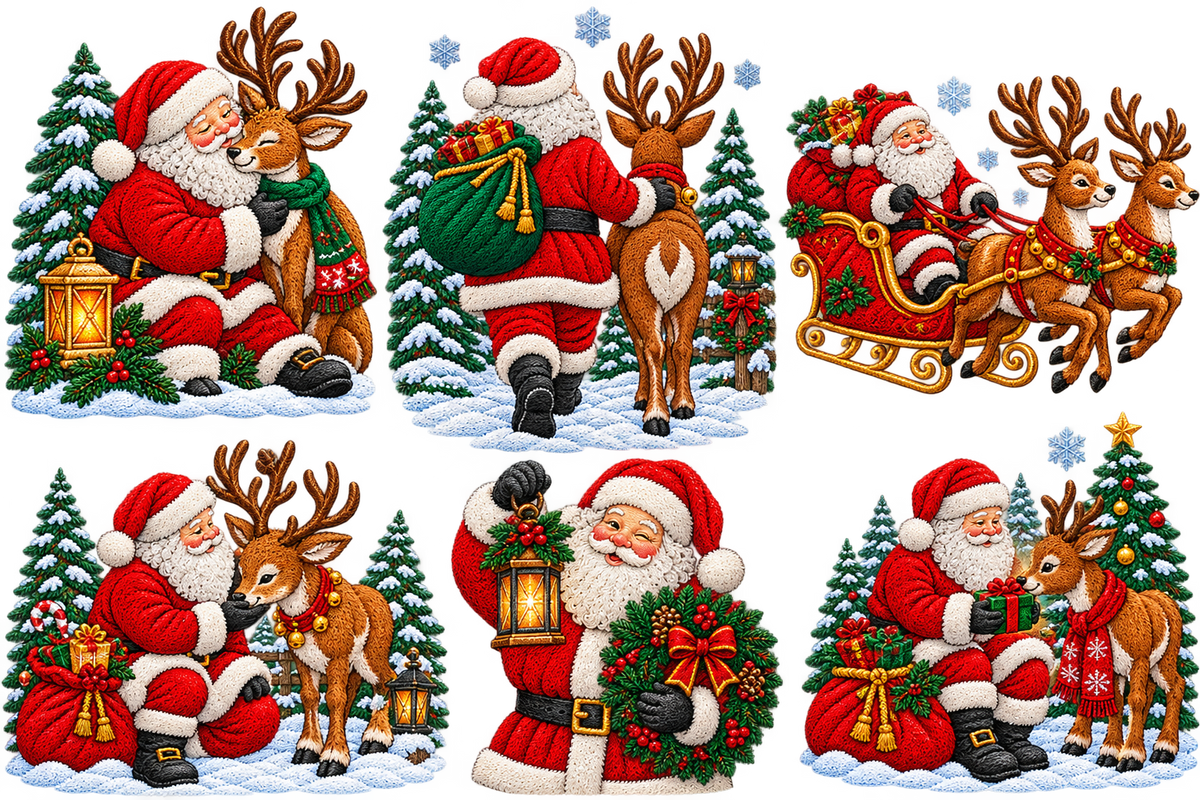 Christmas Santa & Reindeer Woodland Scene Faux Embroidery Bundle PNG SVG, Holiday Graphic