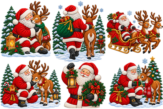 Christmas Santa & Reindeer Woodland Scene Faux Embroidery Bundle PNG SVG, Holiday Graphic