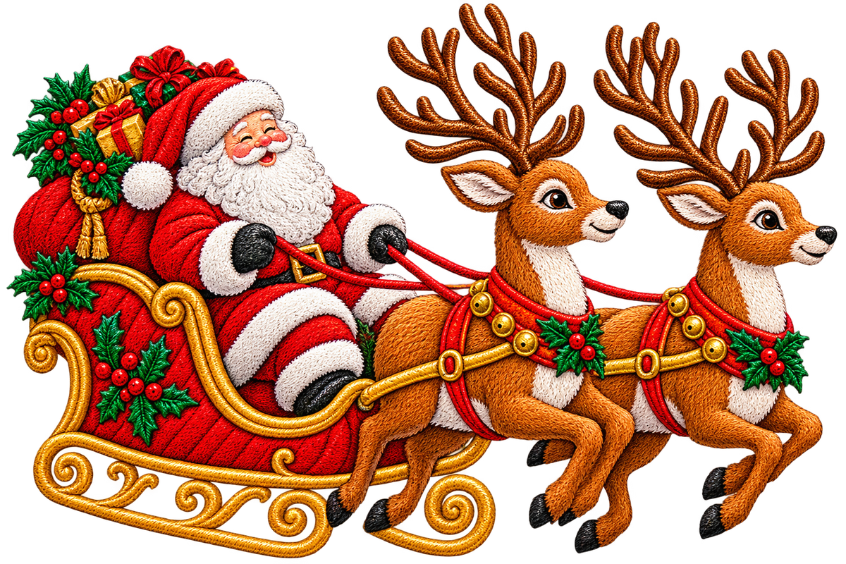 Christmas Santa & Reindeer Woodland Scene Faux Embroidery Bundle PNG SVG, Holiday Graphic