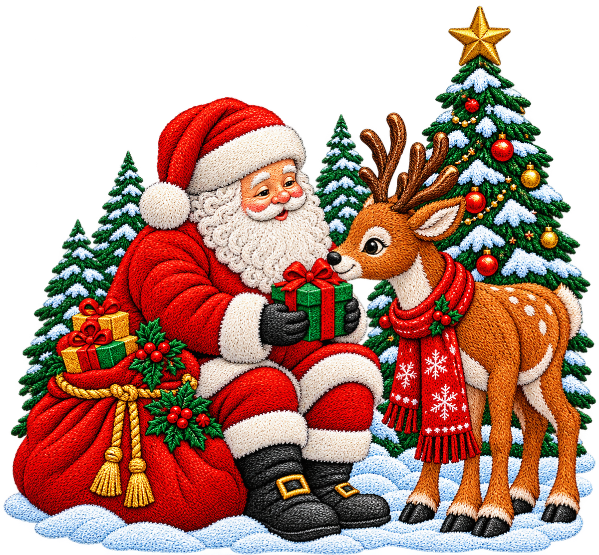 Christmas Santa & Reindeer Woodland Scene Faux Embroidery Bundle PNG SVG, Holiday Graphic