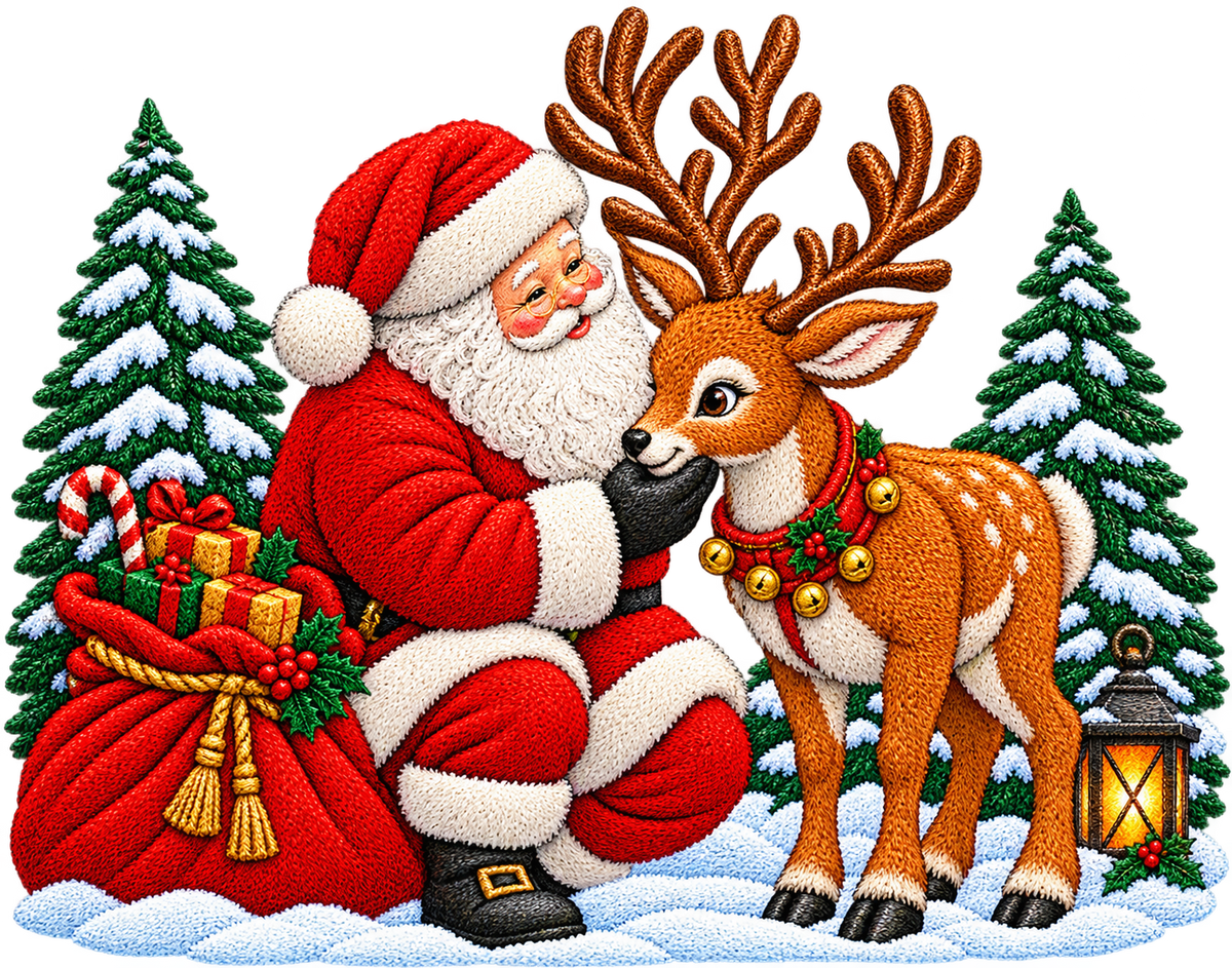Christmas Santa & Reindeer Woodland Scene Faux Embroidery Bundle PNG SVG, Holiday Graphic