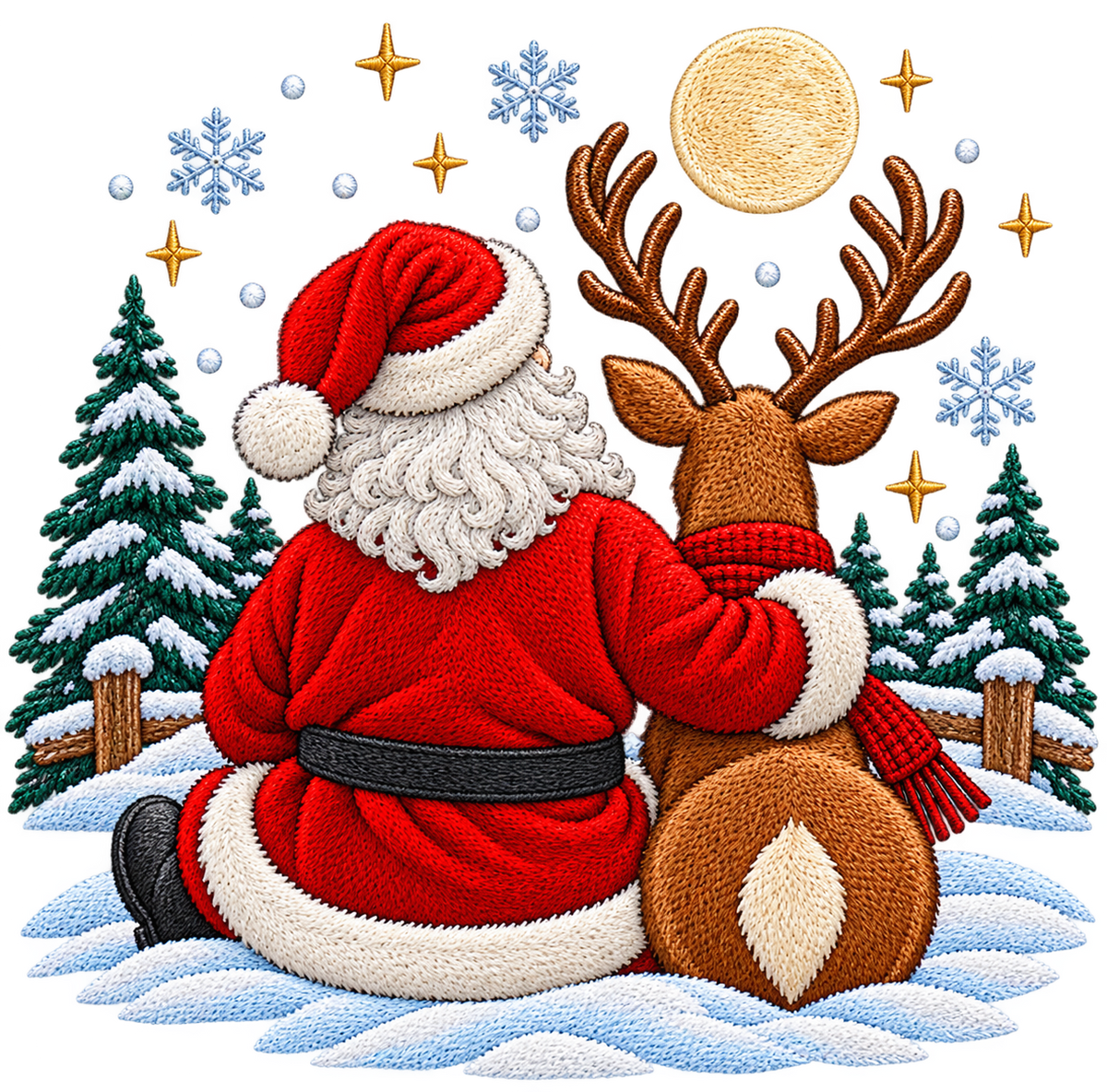 Christmas Santa & Reindeer Woodland Scene Faux Embroidery Bundle PNG SVG, Holiday Graphic