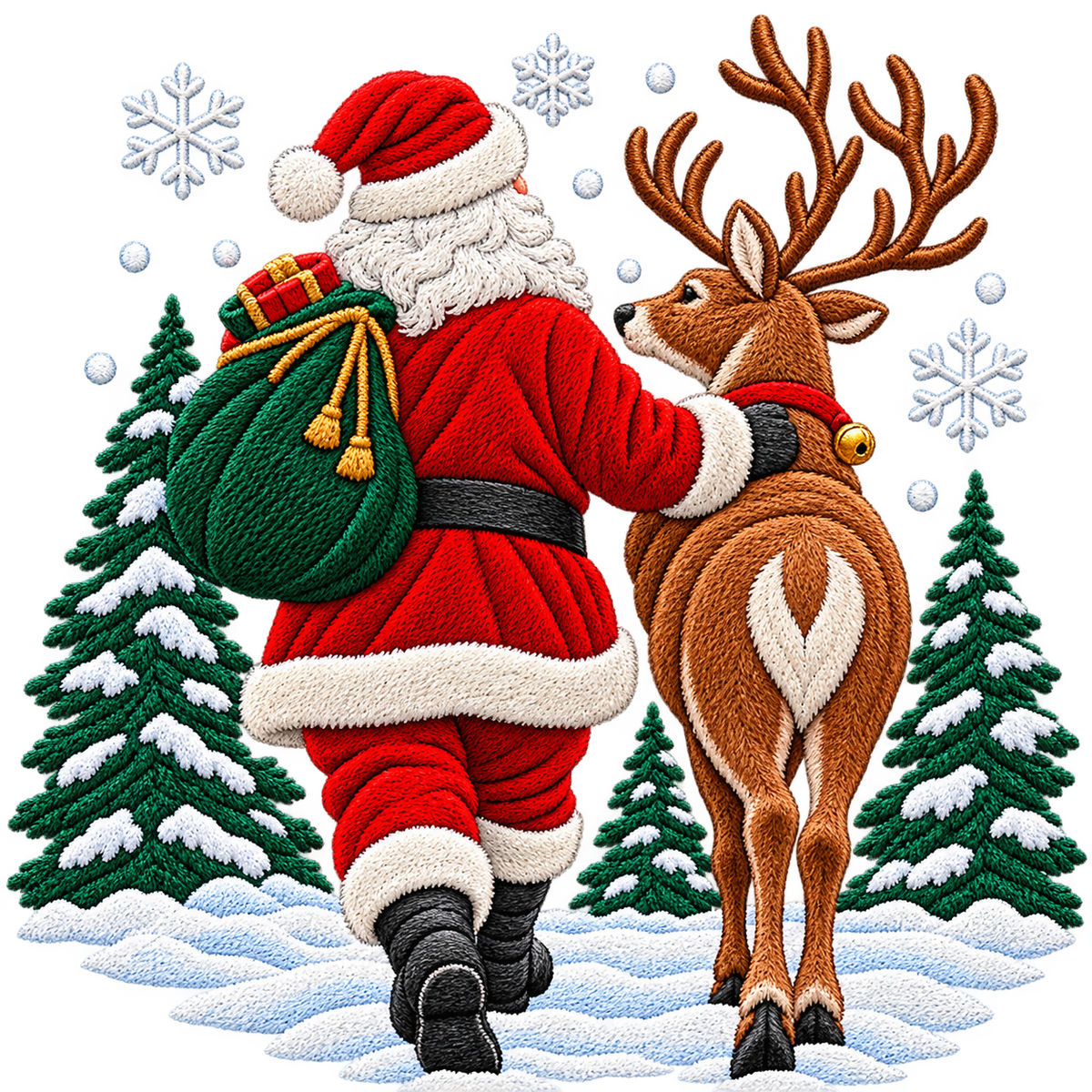 Christmas Santa & Reindeer Woodland Scene Faux Embroidery Bundle PNG SVG, Holiday Graphic