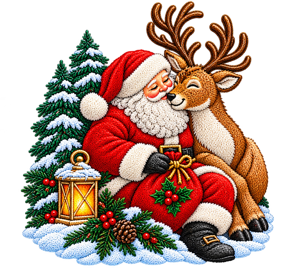 Christmas Santa & Reindeer Woodland Scene Faux Embroidery Bundle PNG SVG, Holiday Graphic