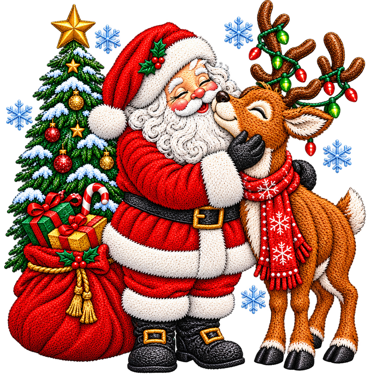 Christmas Santa & Reindeer Woodland Scene Faux Embroidery Bundle PNG SVG, Holiday Graphic
