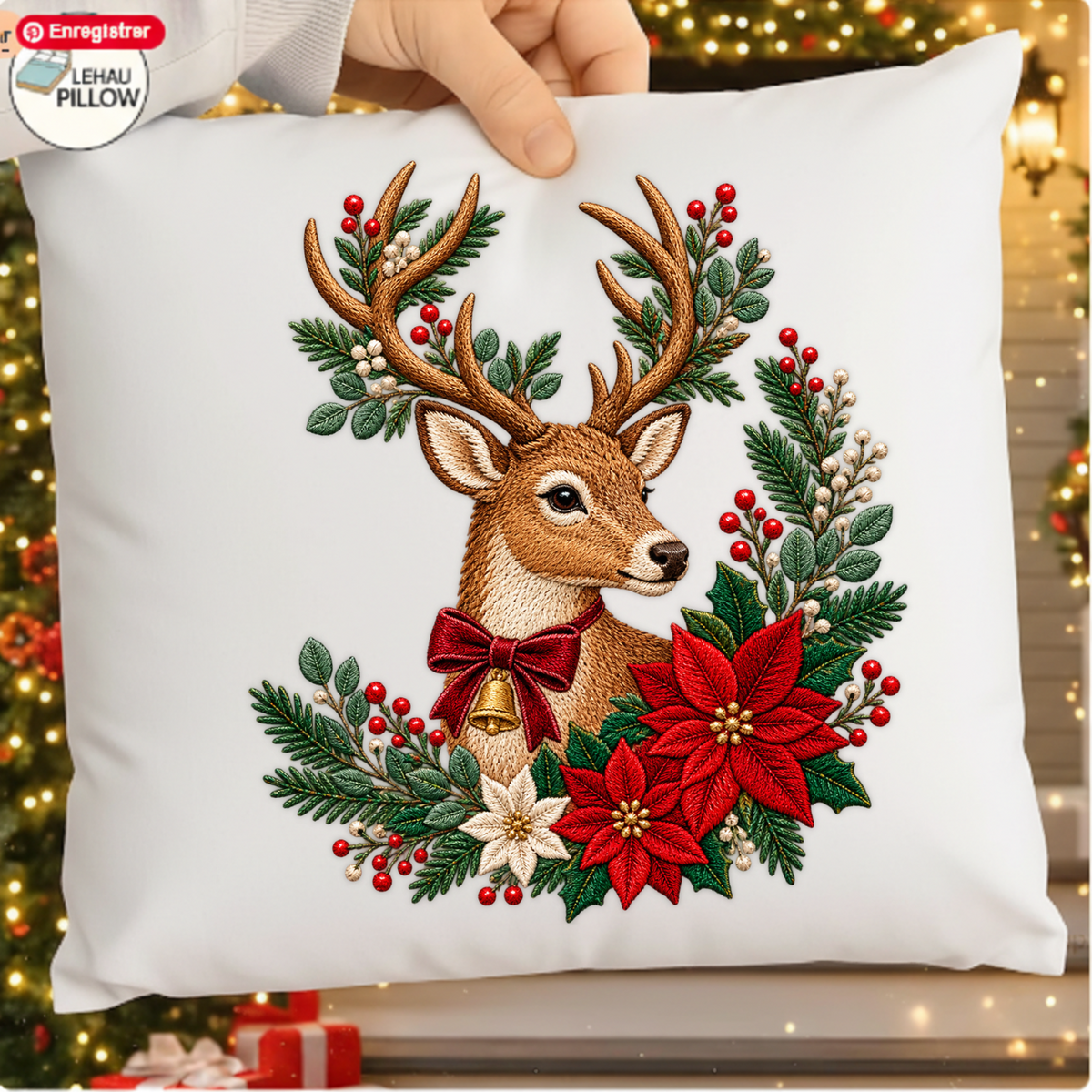 Christmas Reindeer Poinsettia Faux Embroidery PNG SVG, Vintage Reindeer Graphic