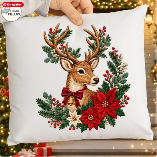 Christmas Reindeer Poinsettia Faux Embroidery PNG SVG, Vintage Reindeer Graphic