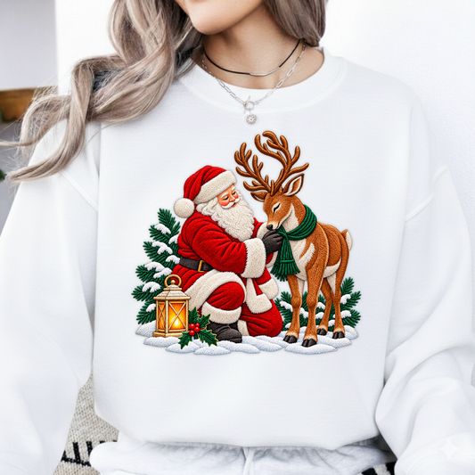 Santa Claus and Reindeer Faux Embroidery PNG SVG, Vintage Holiday Christmas Graphic